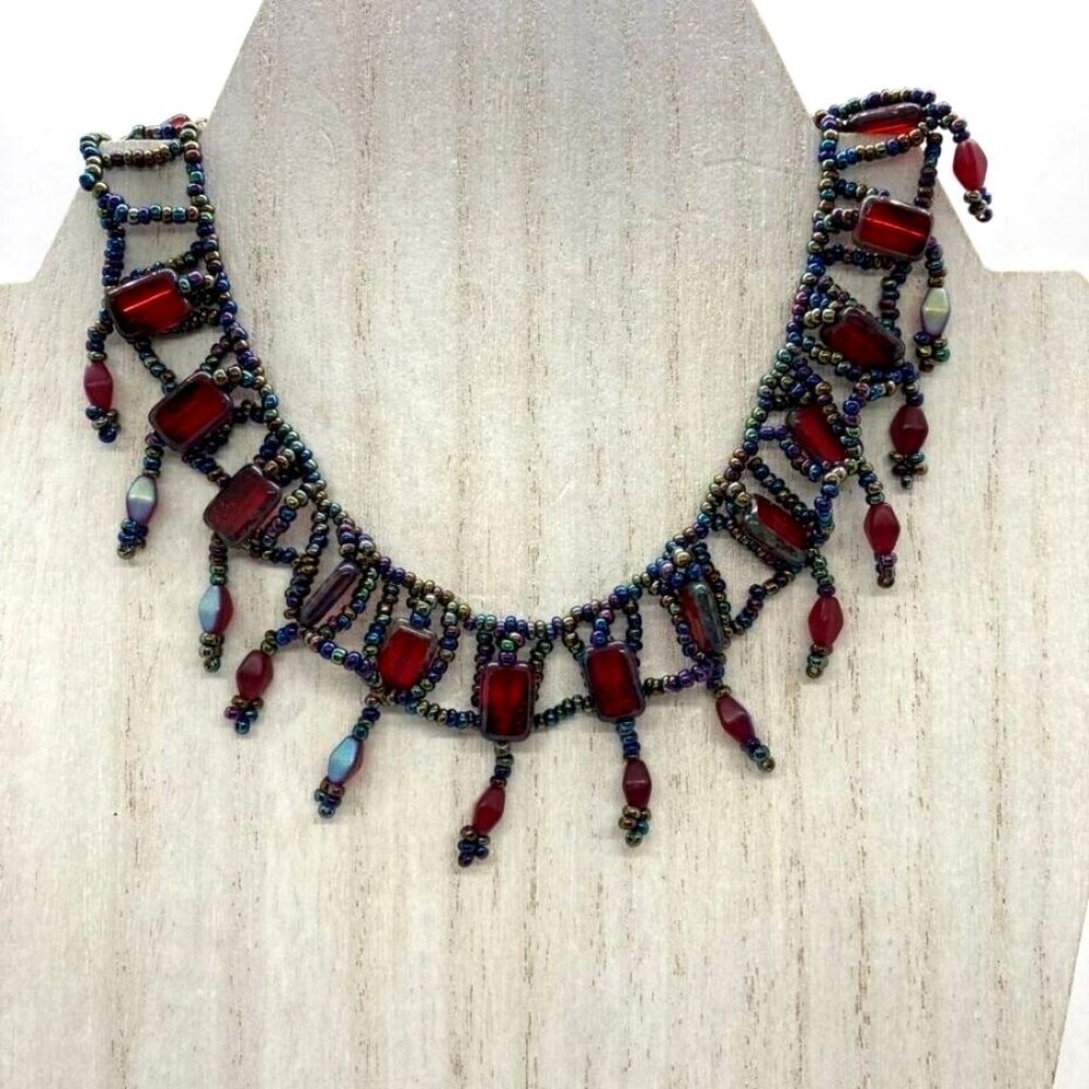 Renaissance Beaded Choker 13" Necklace Iridescent Seed Beads‎ Red Rectangle